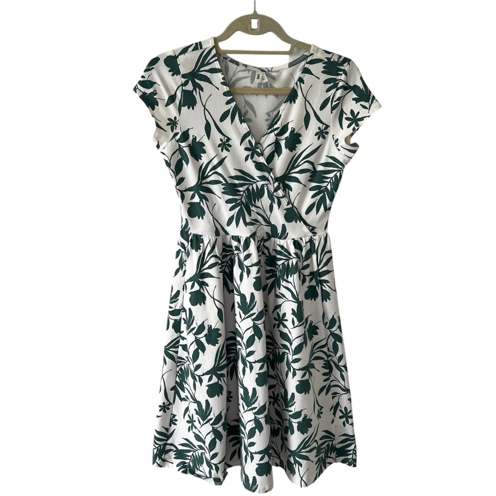 Pact NWOT Organic Cotton Fit & Flare Crossover Tropical Palm Summer Dress Small - Picture 5 of 16